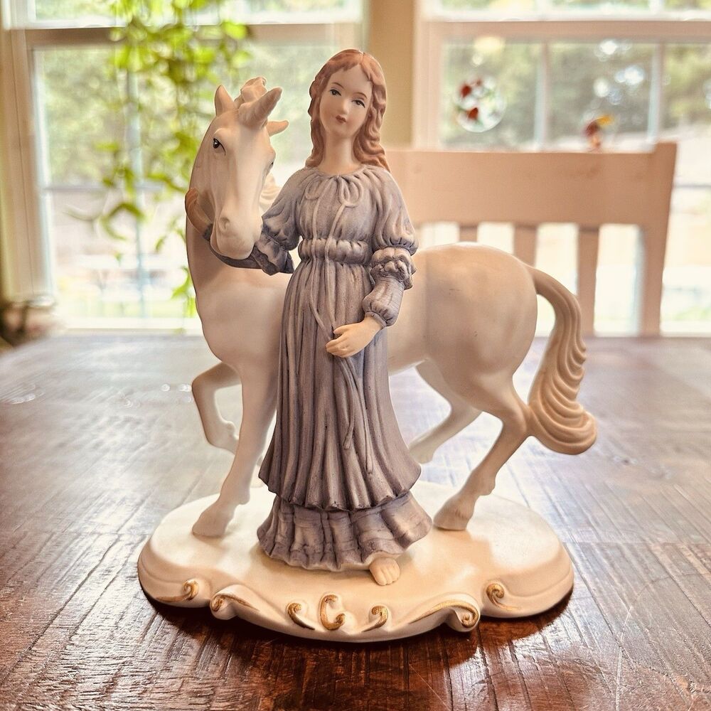 Vintage Enesco 1982 Porcelain Girl and Unicorn Figurine Pastel Blue Dress Gold